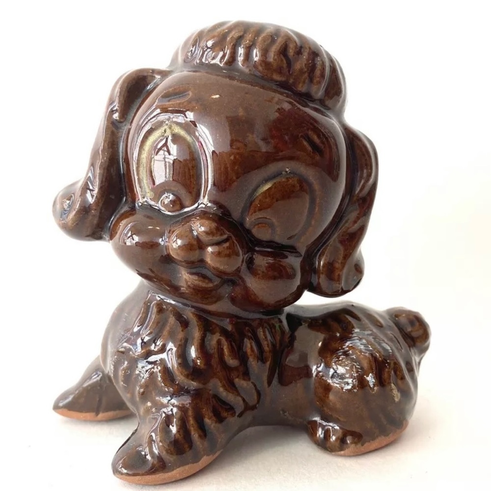 Vintage Redware Pottery Dog Poodle Figurine Retro Kitsch Mid Century